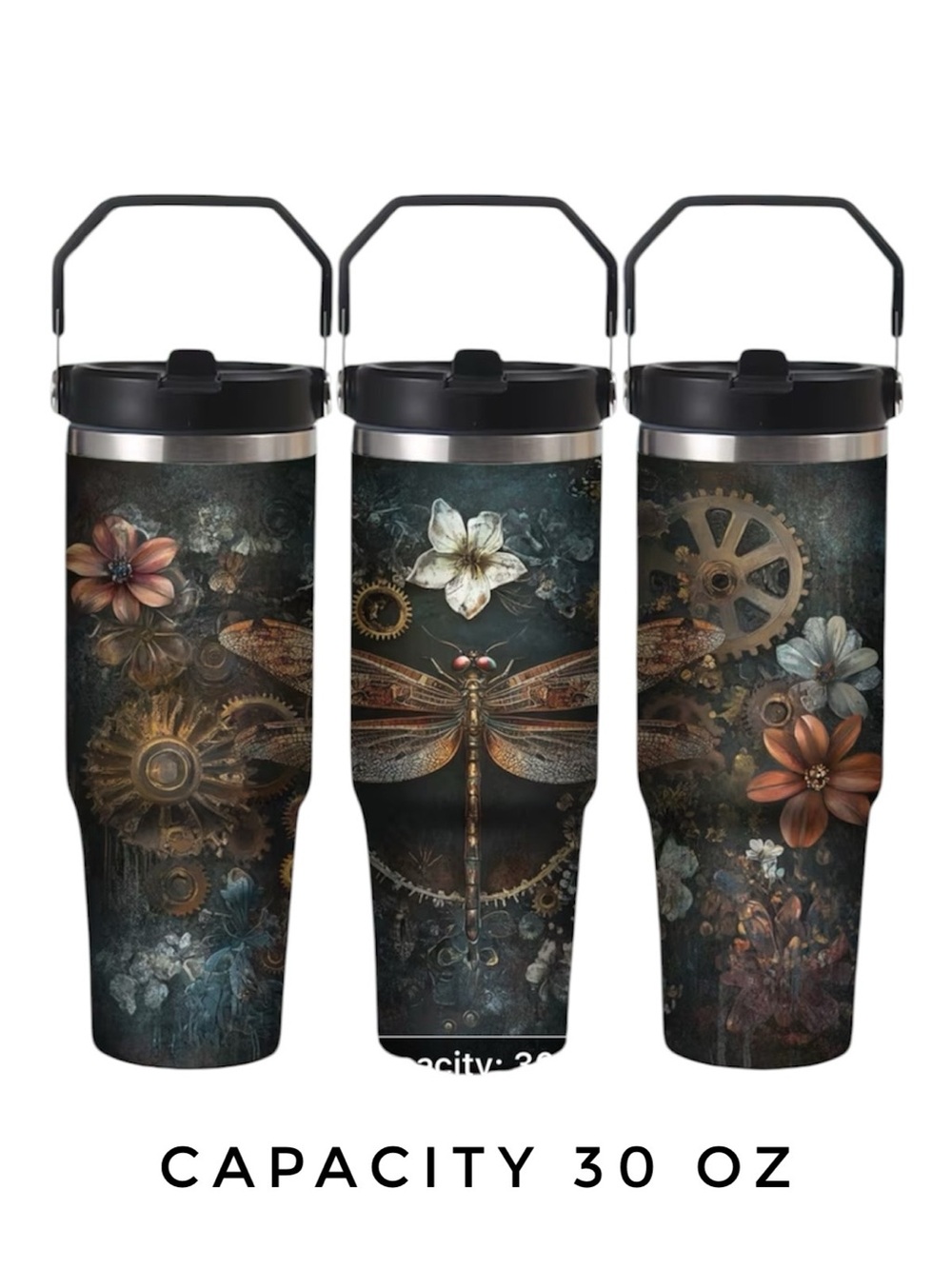 30oz Black Dragonfly Floral Stainless Steel Tumbler Cup with Straw & Handle
New